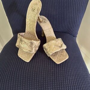 Vince Camuto Gold Heels with Twisted Strap Design